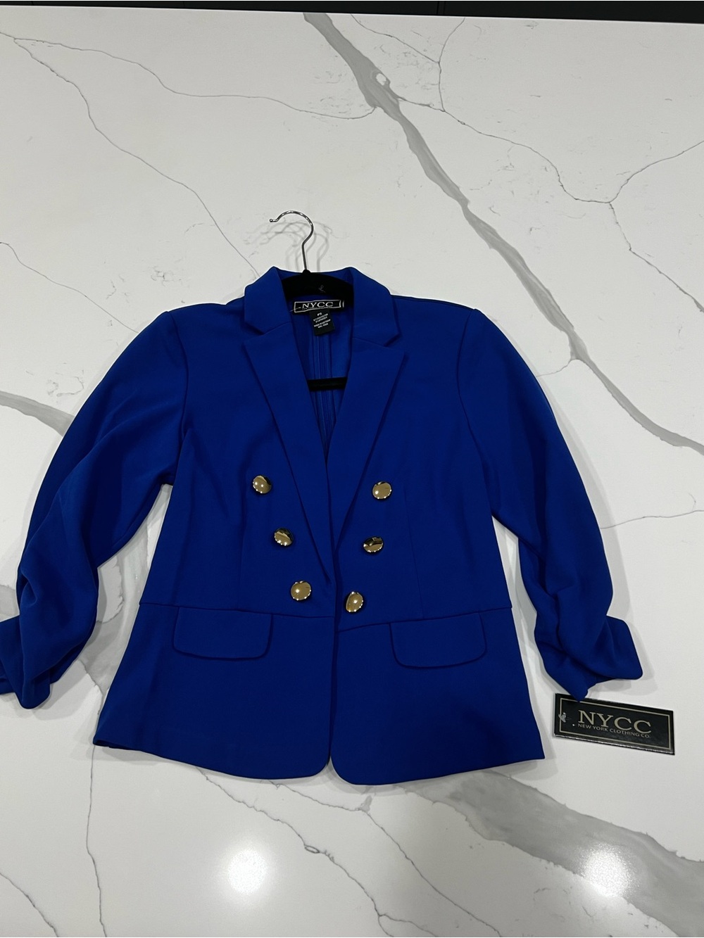NYC Women's Cobalt Blue Double-Breasted Blazer with Gold Buttons